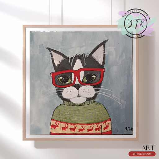 Tableau chat avec lunette rouge